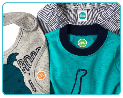 Children's daycare clothing labeled with iron-on clothing labels and stick-on name labels showing proper placement on shirts, pants, and socks for daycare organization