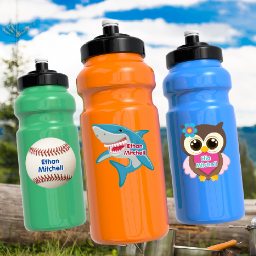 3 water bottles with name labels